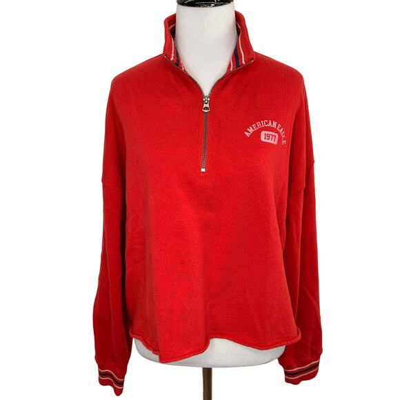 american eagle Tops - American Eagle AE 1977 Red 1/3 Zip Pullover Striped Trim Sweater Size Small